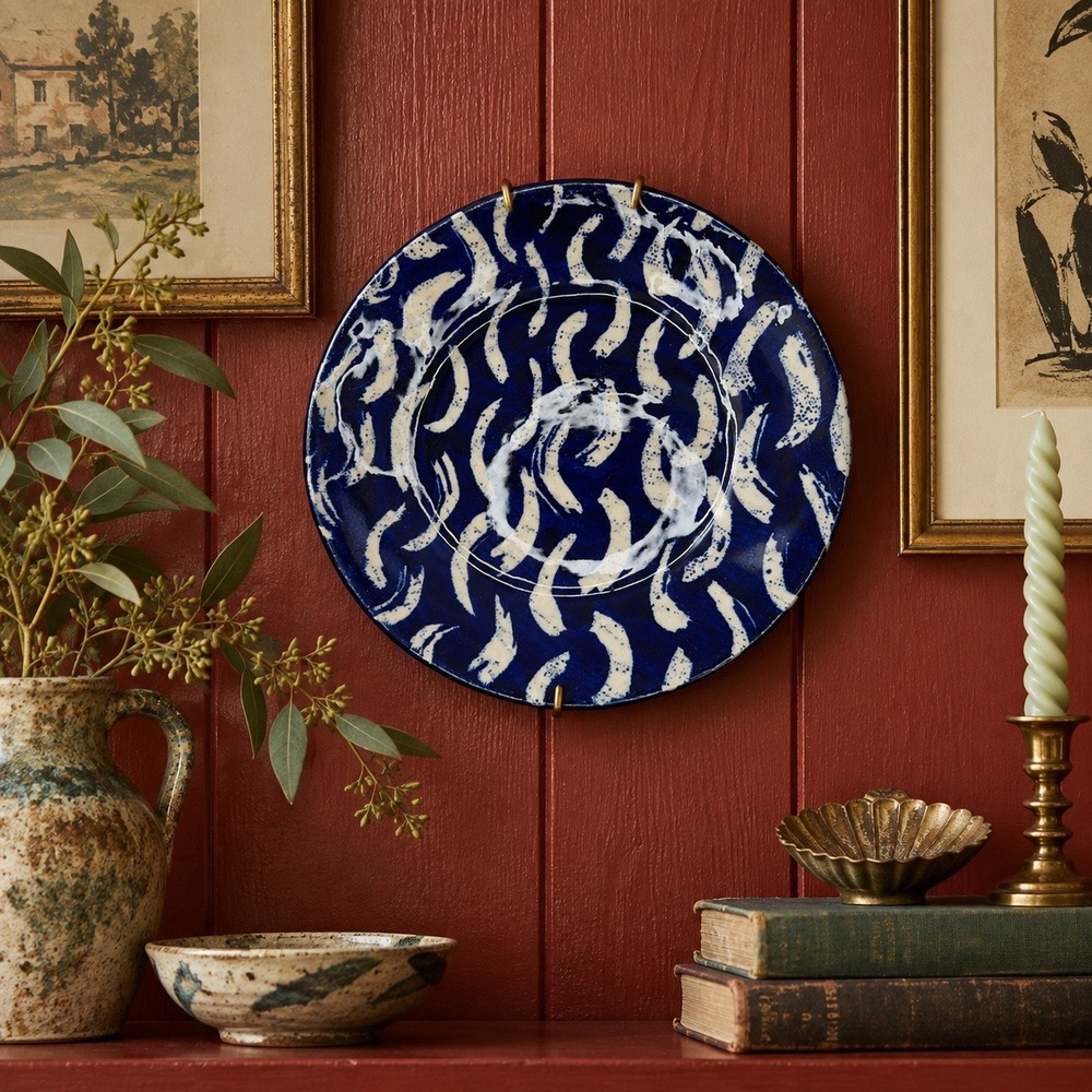 Vintage Cobalt Blue Wall Plate, Abstract Ceramic Art, 10 Inch